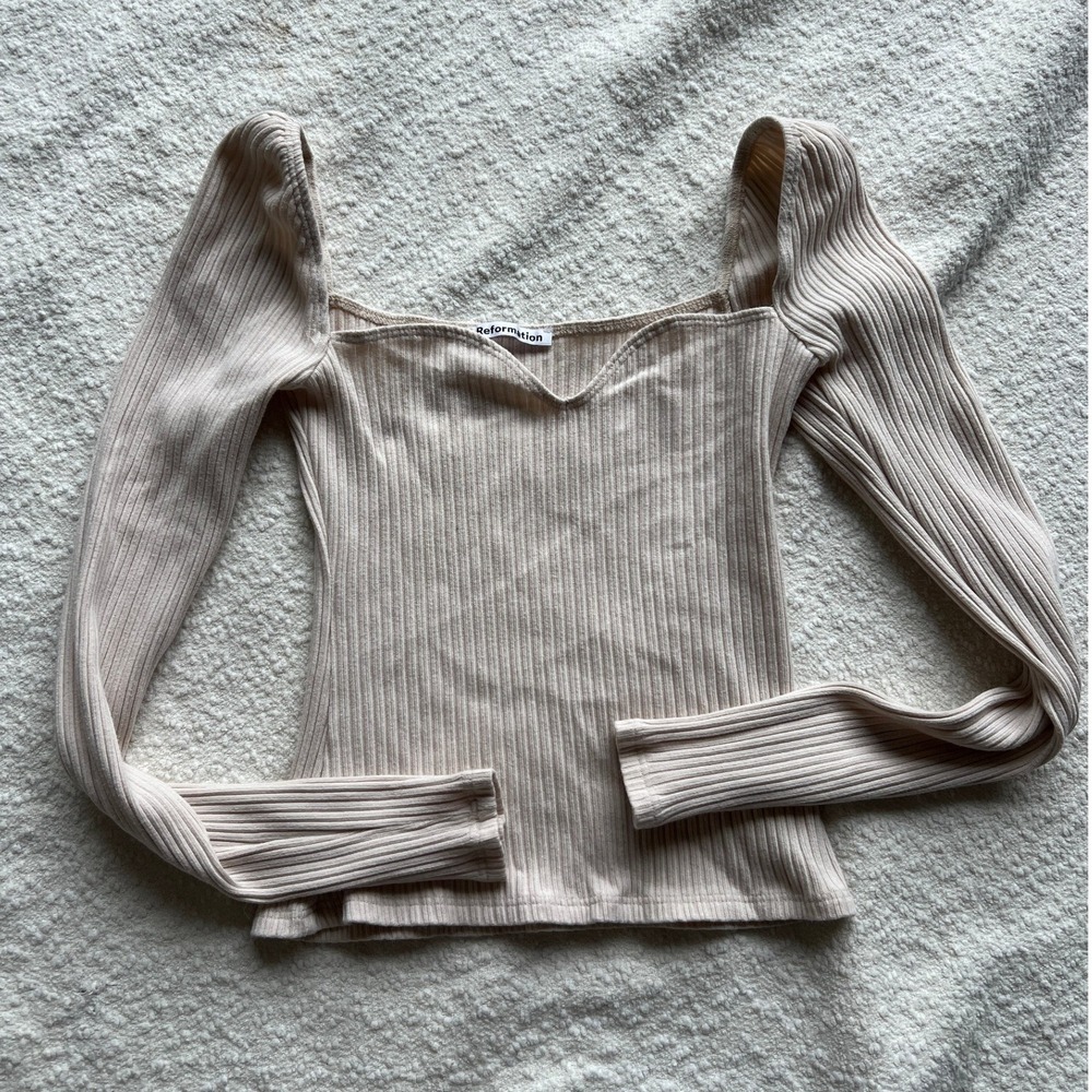 Reformation Neutral Ribbed Knit Sweetheart Long Sleeve Crop Top Beige XS
